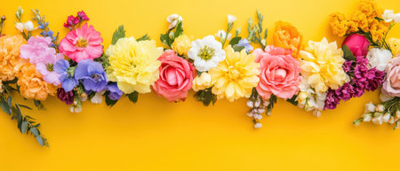 Colorful flowers in a row against a bright yellow background, perfect for celebrating Easter ,.,の素材