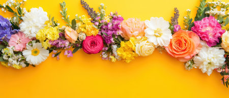 Colorful flowers lined up on a cheerful yellow backdrop, perfect for celebrating Easter ,.,の素材