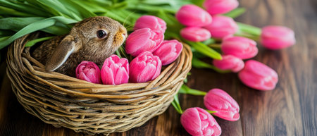 A small rabbit rests in a basket filled with vibrant pink tulips ,.,の素材