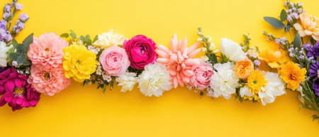 Colorful flowers arranged neatly on a cheerful yellow background, perfect for Easter celebrations ,.,の素材