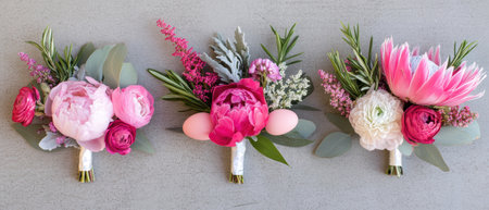 Colorful flowers and greenery create a vibrant Easter table arrangement ,.,の素材