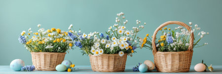 Three baskets filled with colorful flowers and decorated eggs on a wooden table ,.,の素材