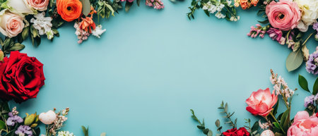 A vibrant flower arrangement symbolizing Easter joy against a serene blue backdrop ,.,の素材