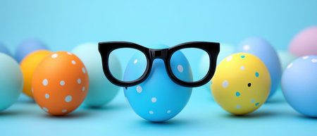Colorful Easter eggs wear quirky glasses, with one sporting a charming mustache for a festive touch ,.,の素材