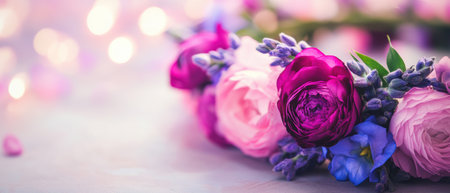 Colorful flowers in purple and pink adorn a table, creating a vibrant Easter ambiance with soft bokeh ,.,の素材