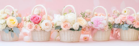 Colorful baskets filled with flowers arranged neatly on a festive table for Easter celebration ,.,の素材