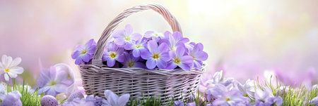 A vibrant basket of purple flowers resting on green grass with a soft pink backdrop ,.,の素材