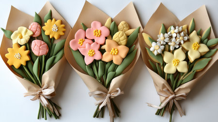 Colorful Easter cookies arranged beautifully in a floral bouquet on a white background ,.,の素材