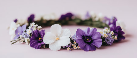 A circular arrangement of purple and white flowers on a soft pink background, perfect for Easter decor ,.,の素材