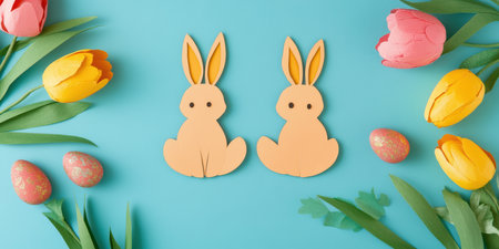 Two paper rabbits sit beside colorful flowers, celebrating the joy of Easter ,.,の素材