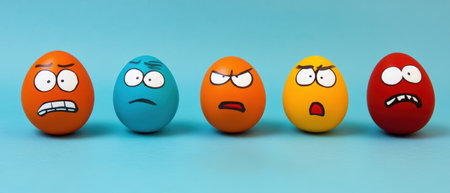 Colorfully decorated eggs with faces arranged in a cheerful row for Easter festivities ,.,の素材