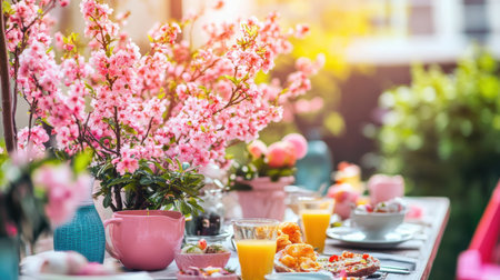 A festive Easter table adorned with colorful food and fresh flowers ,.,の素材