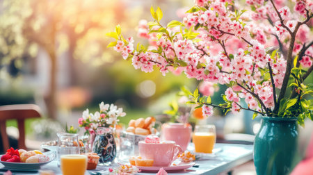 A festive table decorated with flowers and delicious food for an Easter celebration ,.,の素材