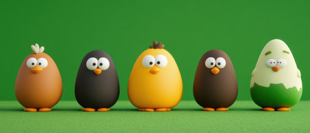 A vibrant Easter scene featuring colorful eggs, bunnies, and festive decorations ,.,の素材