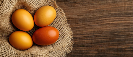 Three colorful eggs resting in a burlap sack on a rustic wooden table ,.,の素材