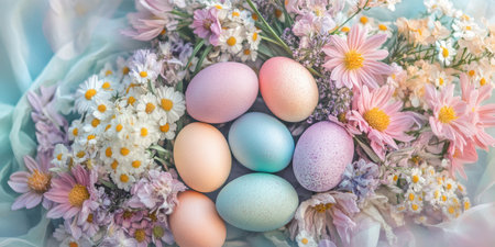 A colorful basket filled with eggs and flowers on a festive table for Easter celebrations ,.,の素材