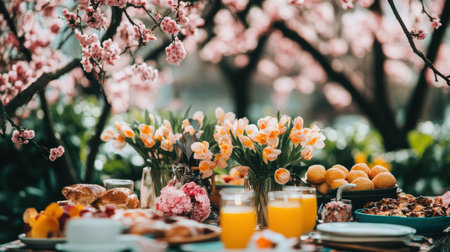 A festive Easter table filled with delicious food and colorful drinks for celebration ,.,の素材