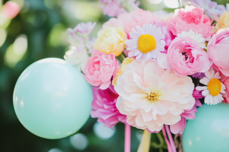 A festive arrangement featuring colorful flowers and balloons for Easter celebration ,.,の素材