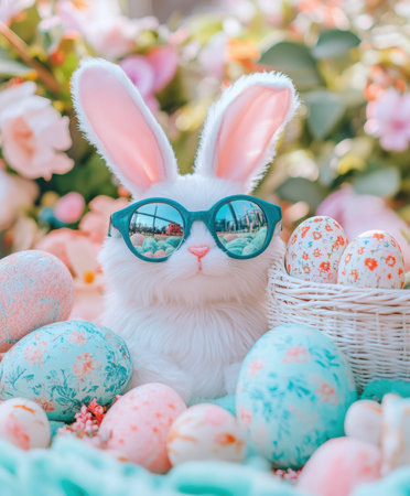 A white rabbit with glasses sits surrounded by colorful Easter eggs ,.,の素材
