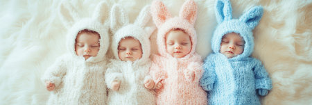 Three adorable babies sleep peacefully in bunny costumes on a soft white blanket ,.,の素材