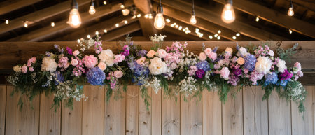 Colorful flowers adorn a barn's ceiling, creating a festive and cheerful atmosphere for Easter celebrations ,.,の素材