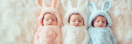 Three babies peacefully slumber in adorable bunny costumes on a soft white blanket ,.,の素材
