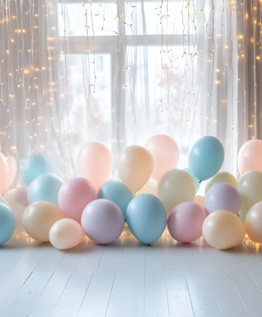 Colorful Easter balloons decorate a bright space, enhancing the festive atmosphere with lights and curtains ,.,の素材