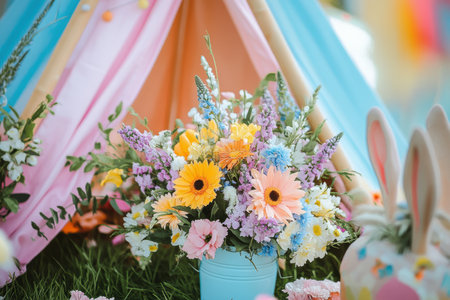 A blue bucket filled with colorful flowers rests on green grass, symbolizing spring and Easter joy ,.,の素材