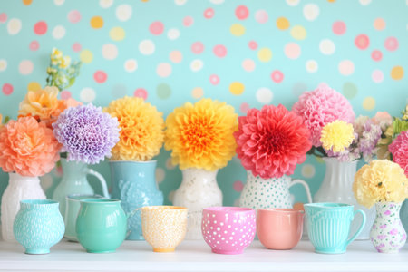 Colorful vases filled with blooming flowers celebrate the joy of Easter ,.,の素材