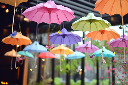 Colorful umbrellas hang from the ceiling, creating a vibrant and festive atmosphere for Easter celebrations ,.,の素材