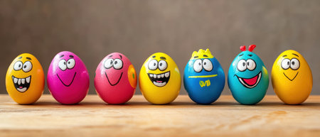 Colorful painted eggs with playful faces celebrating Easter traditions ,.,の素材