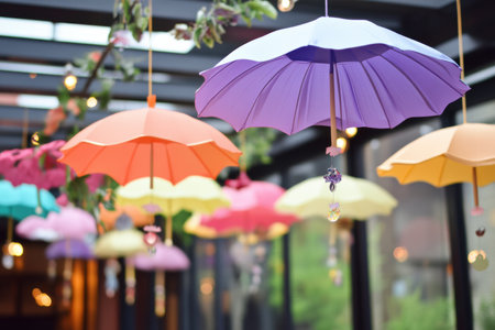 Colorful umbrellas decorate a room, creating a cheerful and festive atmosphere for Easter celebrations ,.,の素材