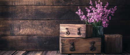 Vibrant purple flowers in a vase atop rustic wooden boxes, perfect for Easter decor ,.,の素材