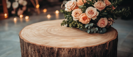 A colorful bouquet of flowers rests on a rustic tree stump, celebrating the beauty of nature ,.,の素材