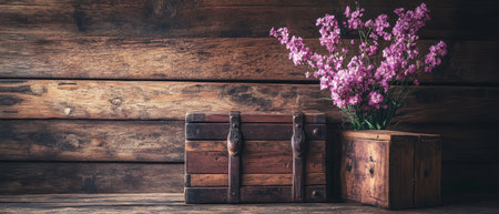 Purple flowers in wooden containers create a charming Easter-themed decoration on a table ,.,の素材