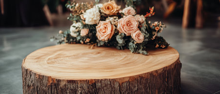 A colorful bouquet of flowers sits atop a rustic wooden stump, celebrating the beauty of nature ,.,の素材