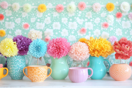 Colorful vases and cups decorate a festive table for Easter celebrations ,.,の素材