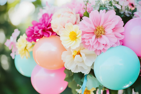Colorful balloons and vibrant flowers decorate a table, perfect for an Easter celebration ,.,の素材