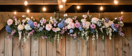Colorful floral arrangement drapes elegantly from a rustic wooden wall, celebrating Easter's vibrant spirit ,.,の素材