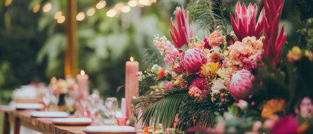 A festive Easter table adorned with colorful flowers and flickering candles ,.,の素材