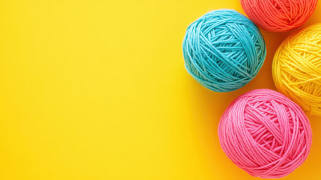 Colorful yarn balls on a bright yellow surface, perfect for Easter crafts and decorations ,.,の素材