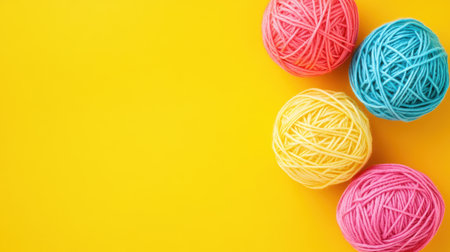 Colorful yarn balls on a bright yellow surface, perfect for Easter crafts and decorations ,.,の素材