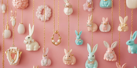 A vibrant wall adorned with various colorful bunny figurines celebrating Easter ,.,の素材