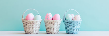 Three baskets filled with colorful painted eggs displayed on a table for Easter celebration ,.,の素材