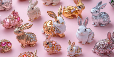 A detailed view of small rabbit figurines celebrating Easter festivities ,.,の素材