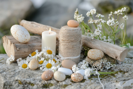 Colorful eggs and candles arranged on a rock, surrounded by vibrant flowers, celebrating Easter ,.,の素材