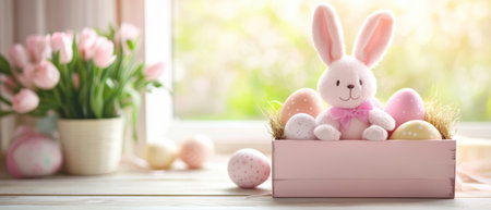 A cute stuffed bunny rests in a box surrounded by colorful Easter eggs ,.,の素材