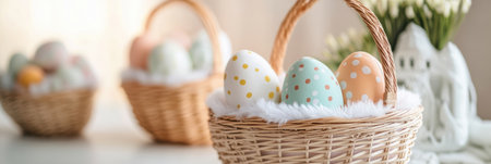 A colorful basket filled with various Easter eggs sits on a table, celebrating the holiday spirit ,.,の素材