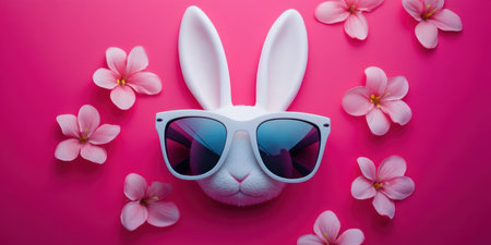 A playful bunny mask wearing sunglasses set against a vibrant pink backdrop ,.,の素材