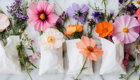 Colorful flowers elegantly arranged on a marble surface, celebrating the beauty of Easter ,.,の素材